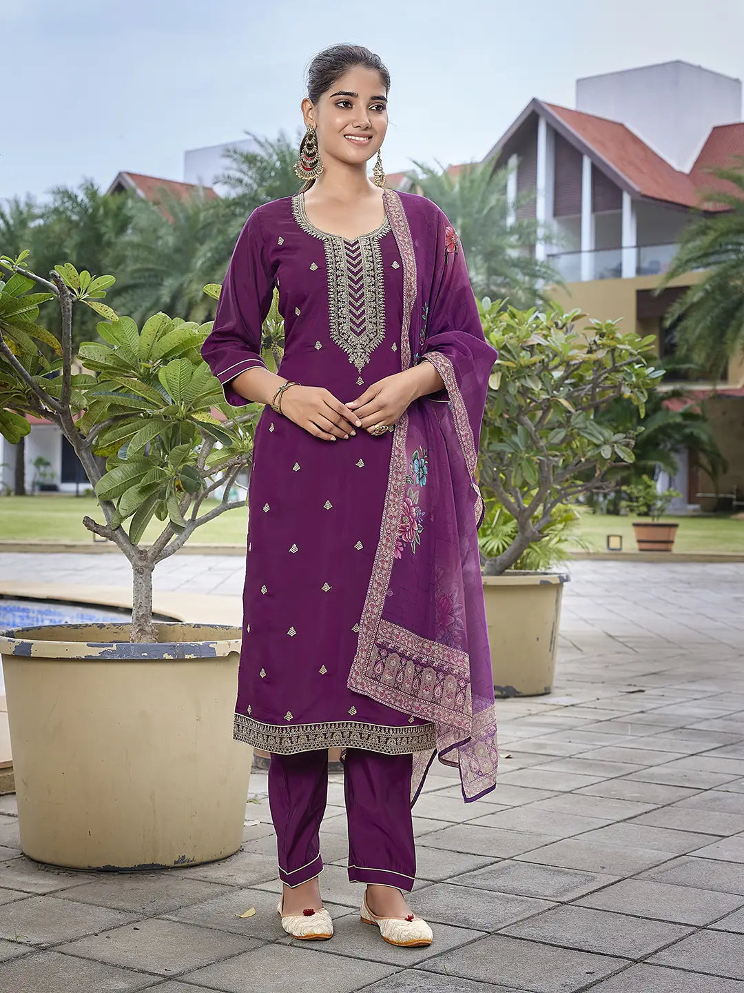 Purple Viscose Chanderi Suit Set with Organza Dupatta – Readymade Set