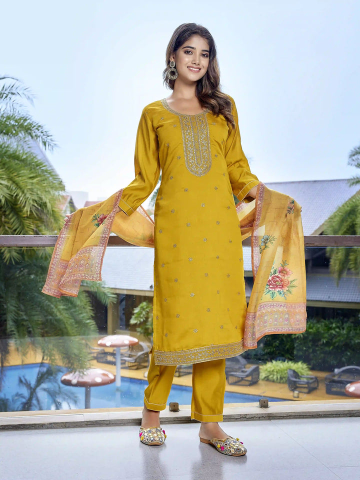 Mustard Yellow Chanderi Suit Set with Embroidered Organza Dupatta