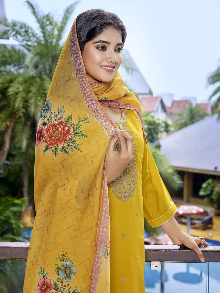 Mustard Yellow Chanderi Suit Set with Embroidered Organza Dupatta