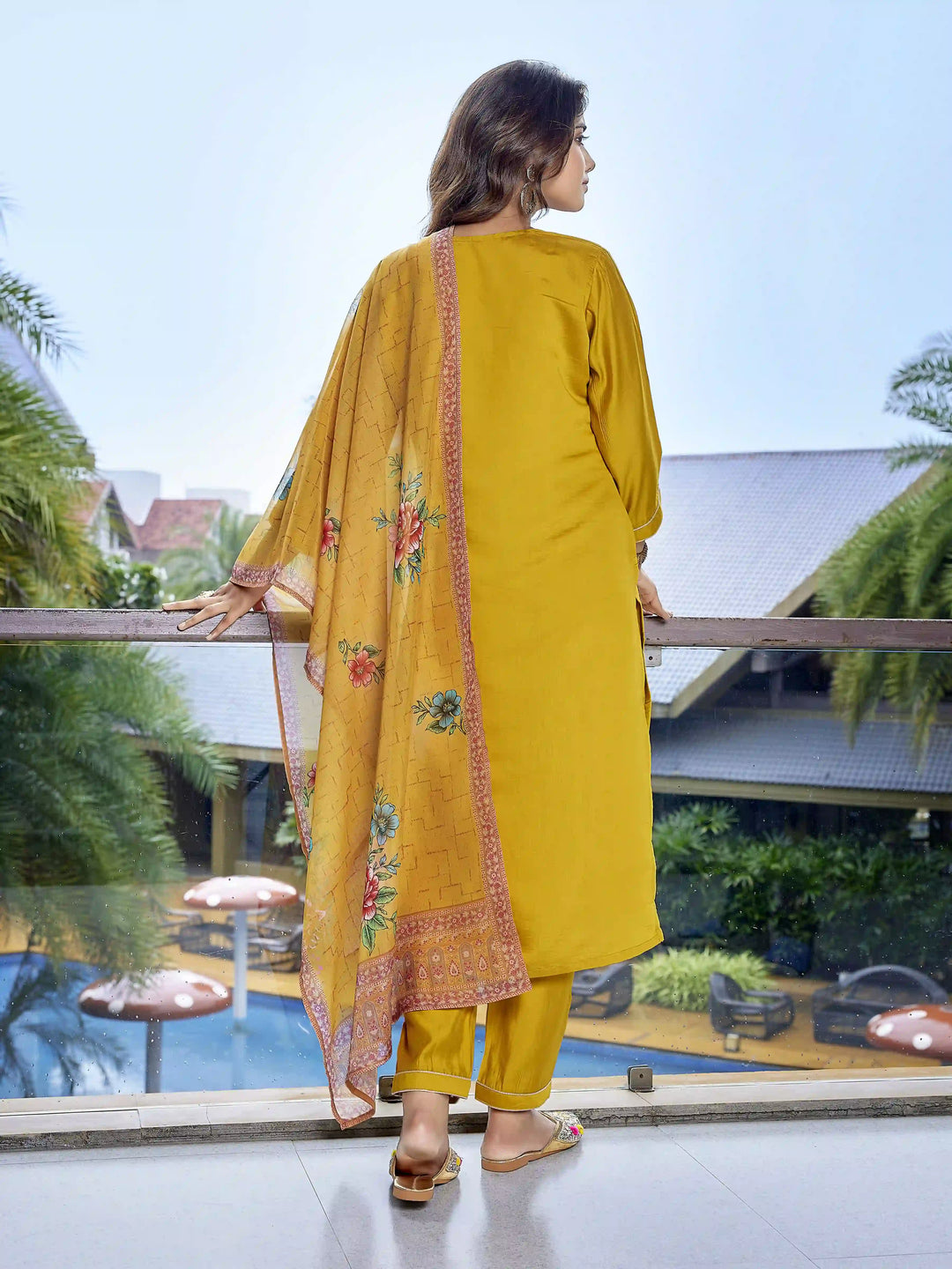 Mustard Yellow Chanderi Suit Set with Embroidered Organza Dupatta