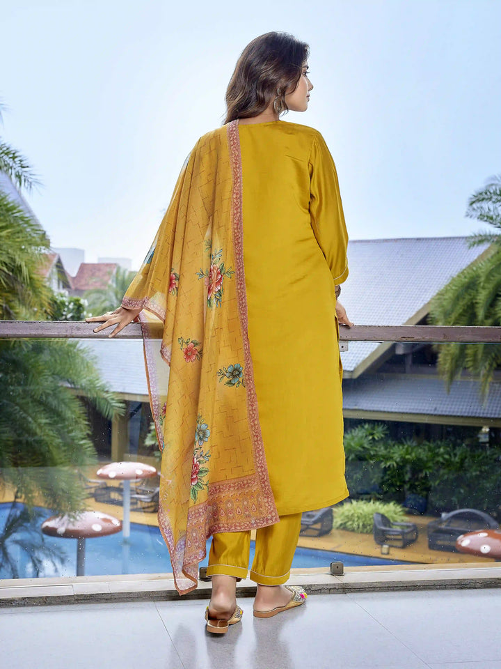 Mustard Yellow Chanderi Suit Set with Embroidered Organza Dupatta