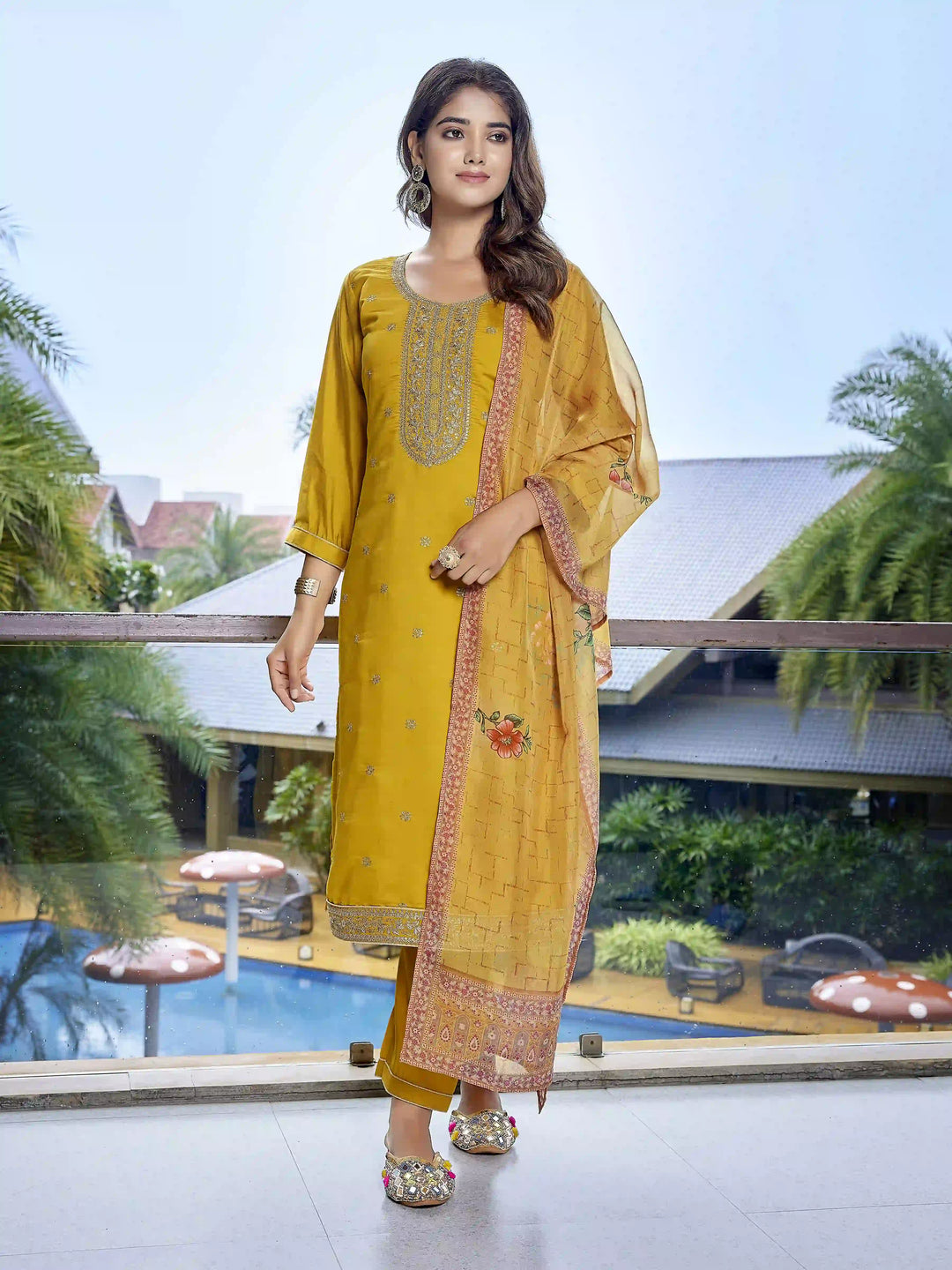 Mustard Yellow Chanderi Suit Set with Embroidered Organza Dupatta