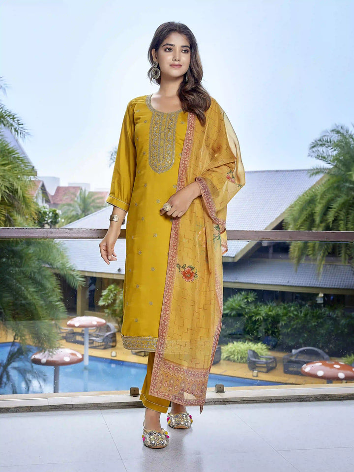Mustard Yellow Chanderi Suit Set with Embroidered Organza Dupatta