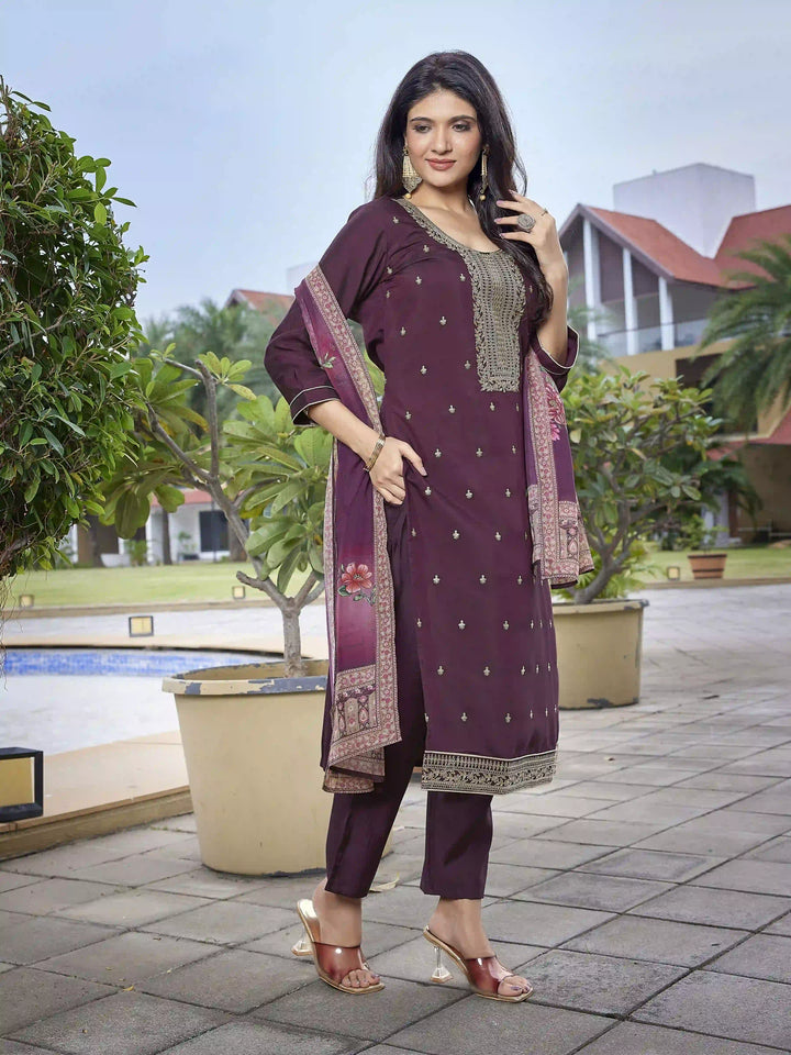 Wine Party Wear Salwar Kameez with Embroidery & Organza Dupatta