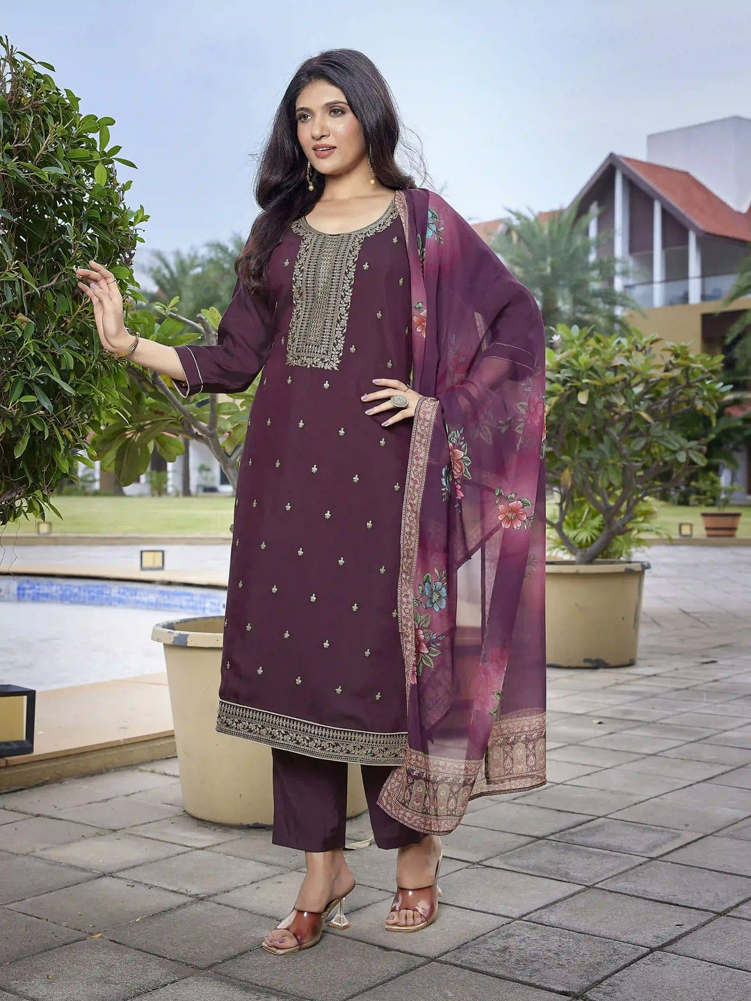 Wine Party Wear Salwar Kameez with Embroidery & Organza Dupatta