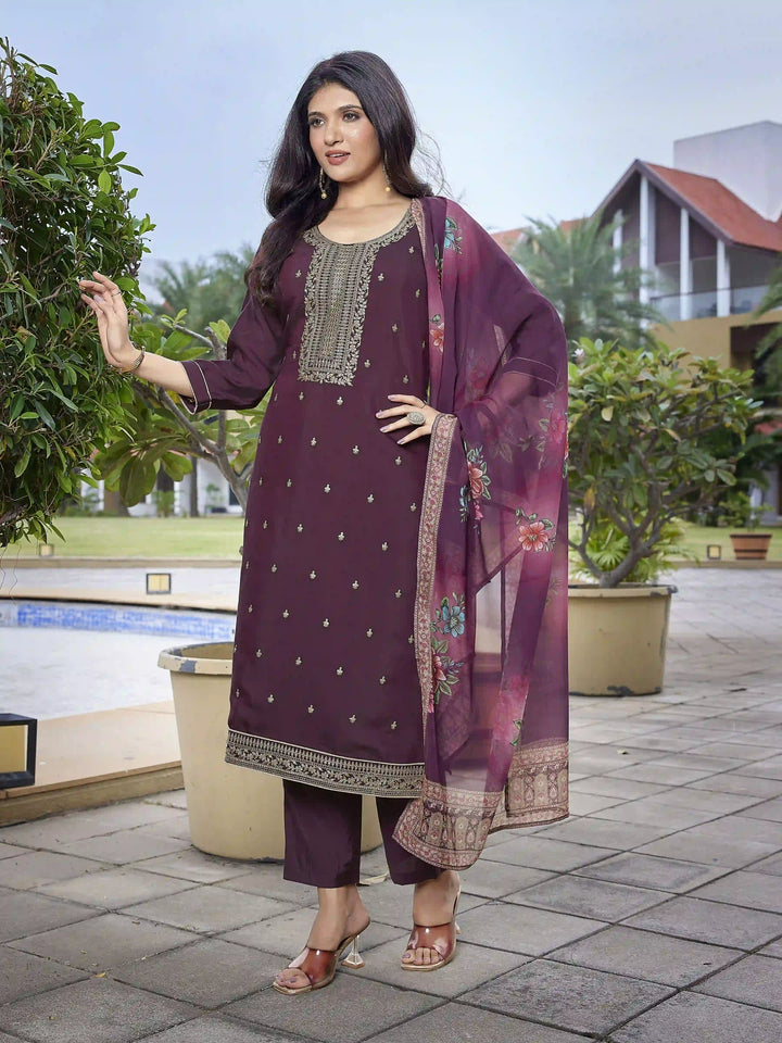 Wine Party Wear Salwar Kameez with Embroidery & Organza Dupatta