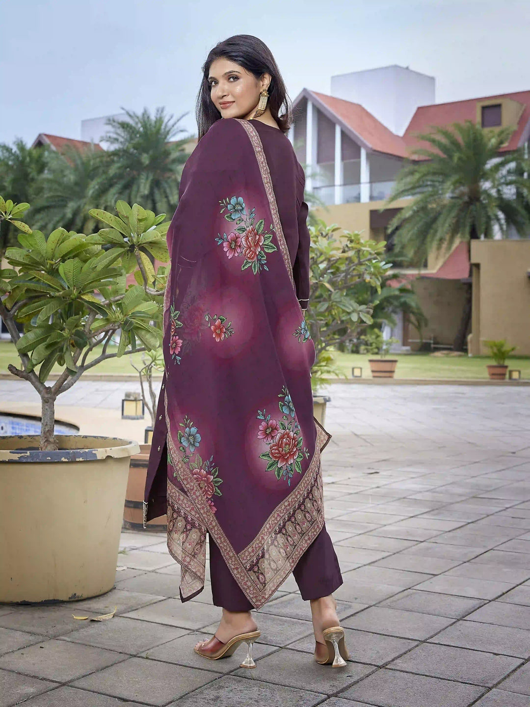 Wine Party Wear Salwar Kameez with Embroidery & Organza Dupatta