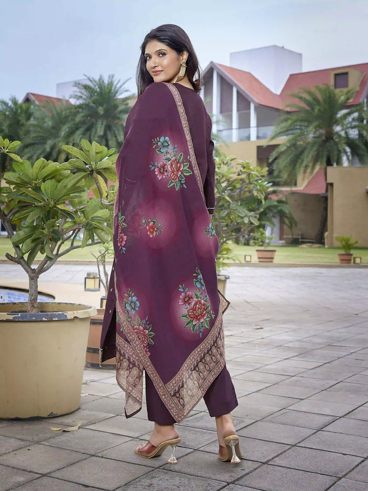 Wine Party Wear Salwar Kameez with Embroidery & Organza Dupatta