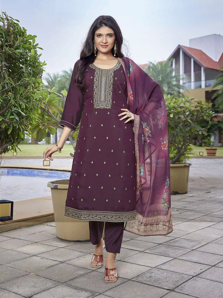Wine Party Wear Salwar Kameez with Embroidery & Organza Dupatta