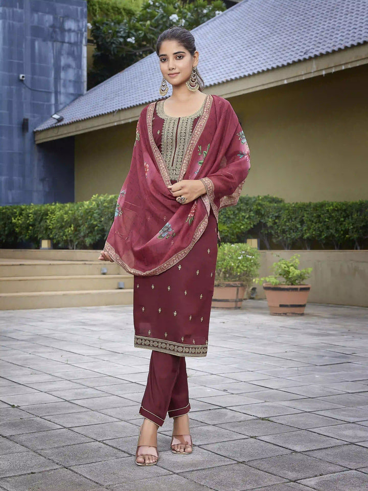 Designer Maroon Embroidered Suit Set for Festive Wear