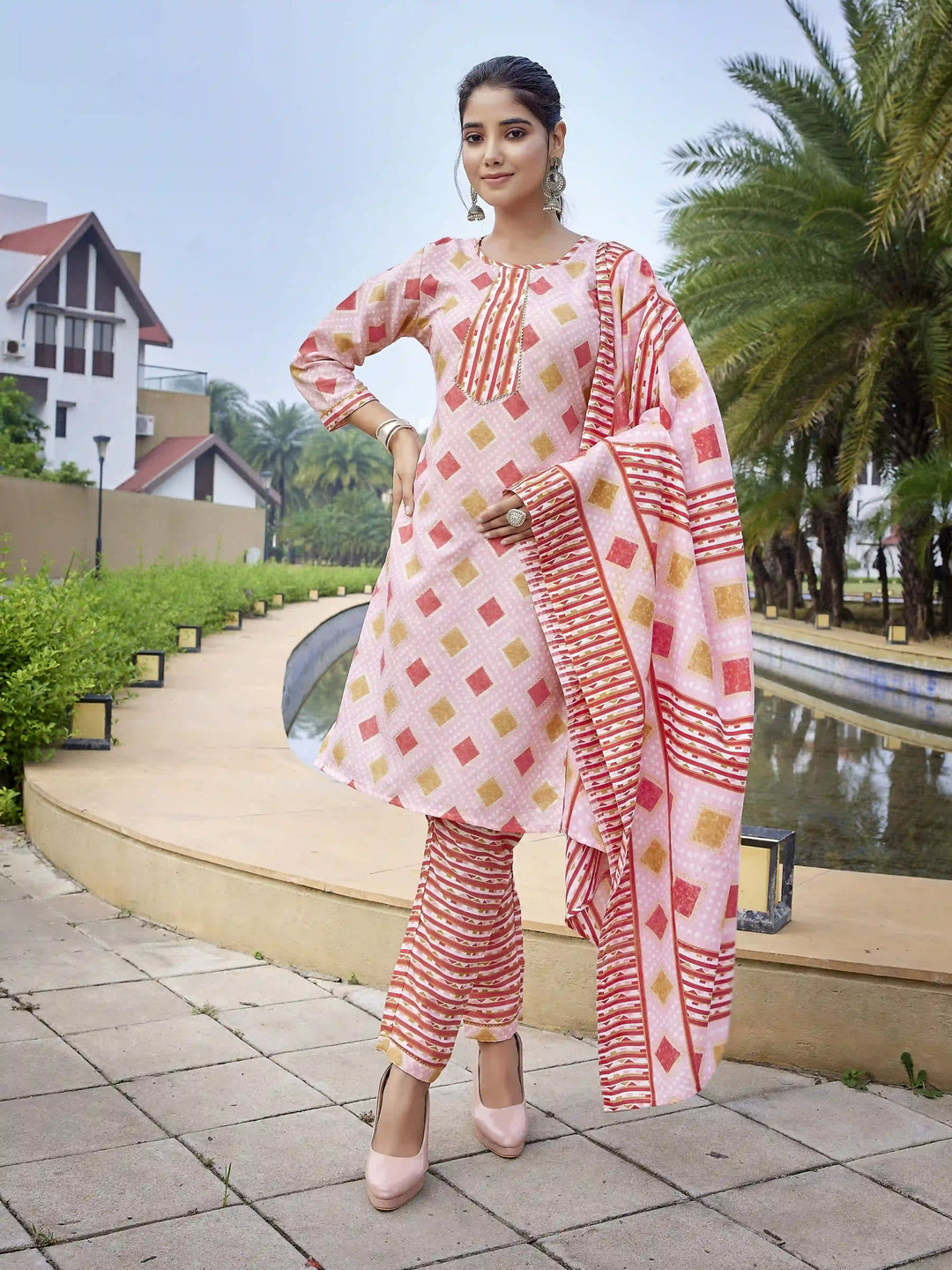 Readymade Pink Suit Set for Women with Printed Cotton Dupatta