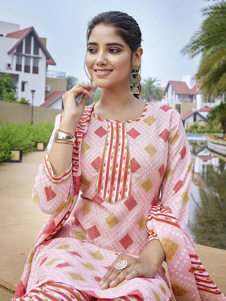 Readymade Pink Suit Set for Women with Printed Cotton Dupatta