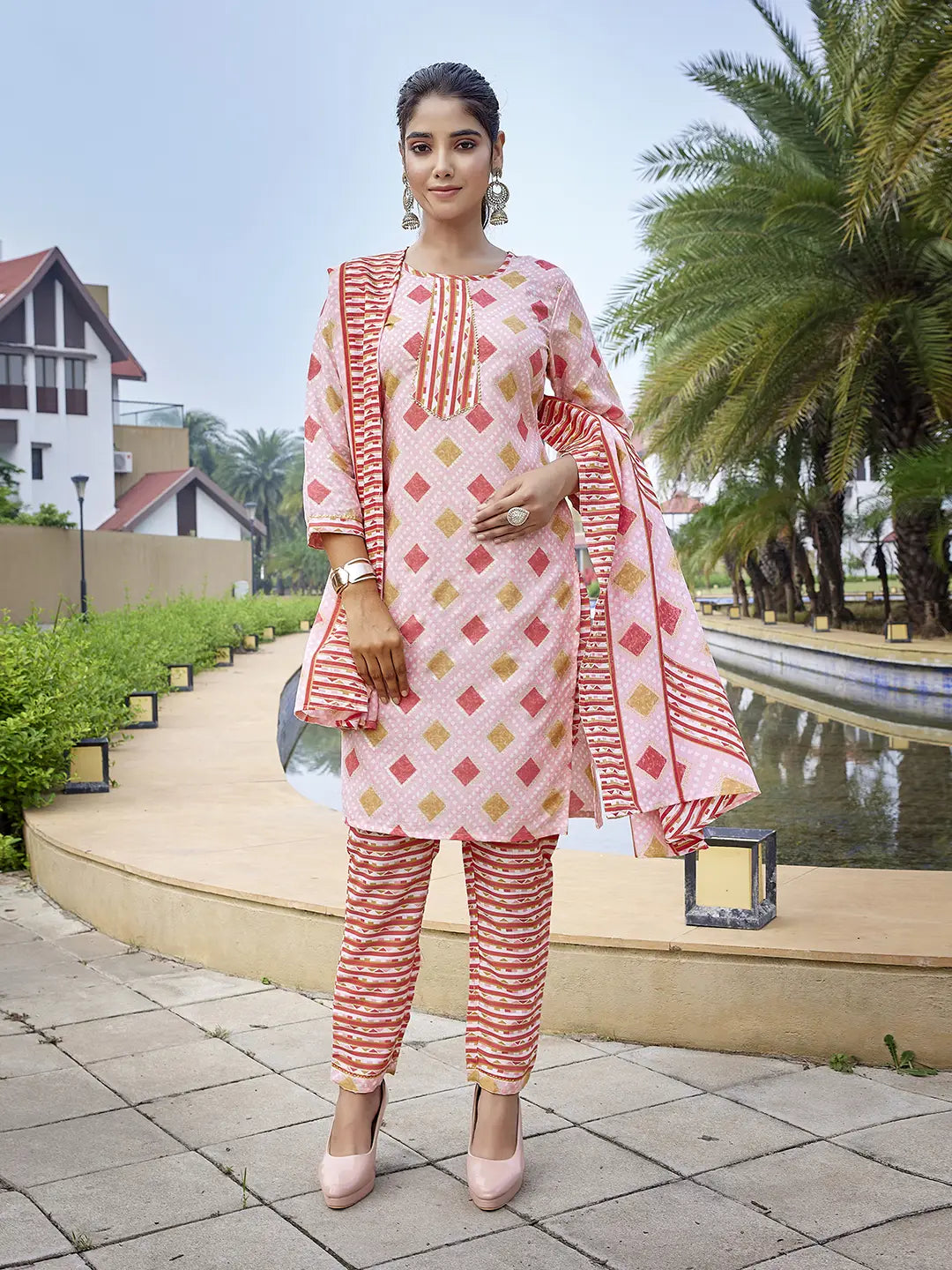 Readymade Pink Suit Set for Women with Printed Cotton Dupatta