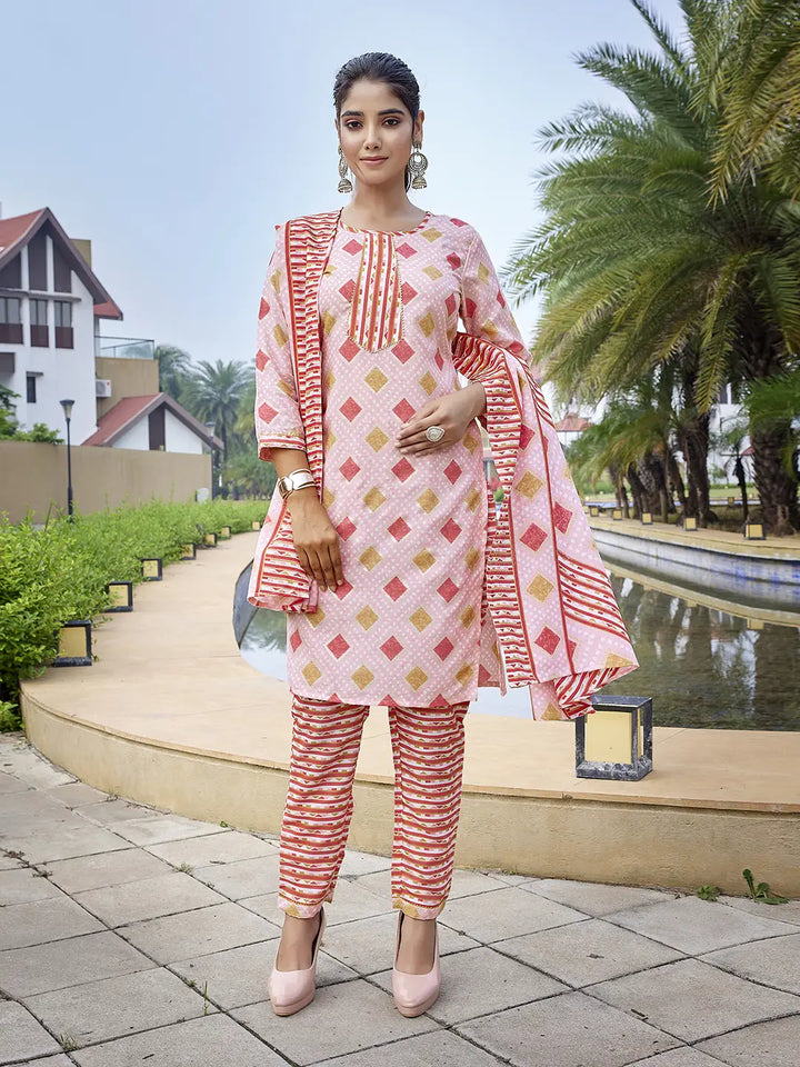 Readymade Pink Suit Set for Women with Printed Cotton Dupatta