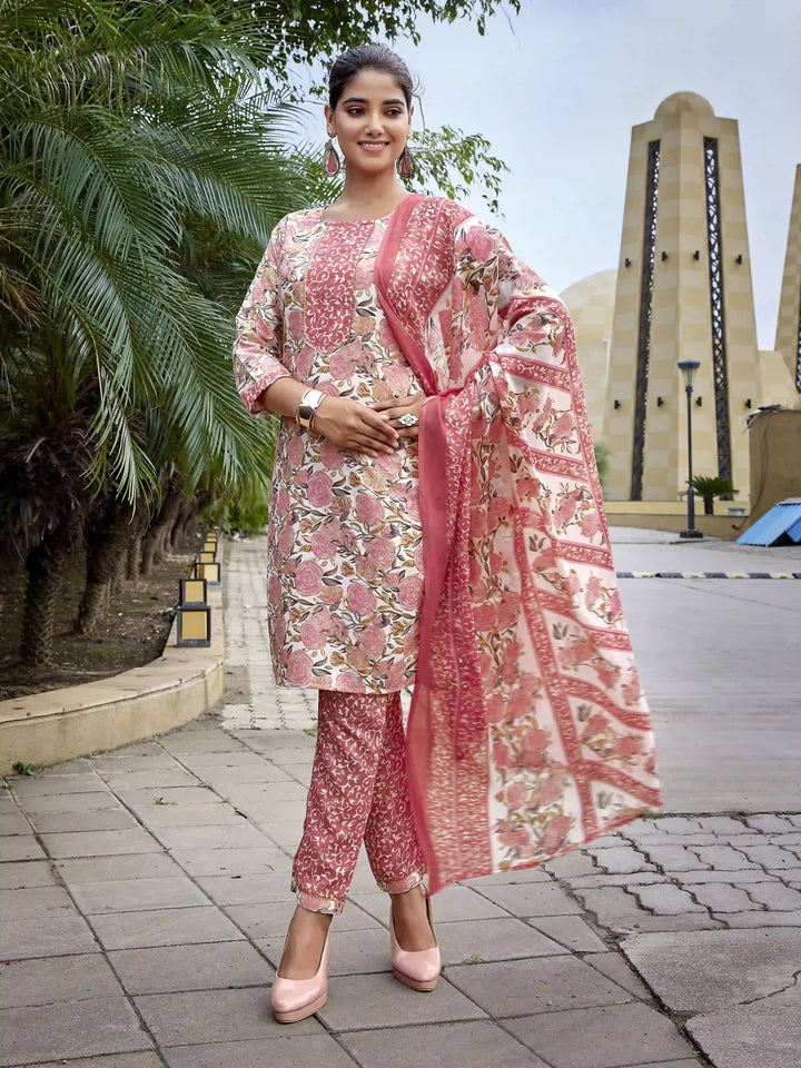 Pink Cotton Blend Printed Salwar Kameez Set with Dupatta for Daily Wear