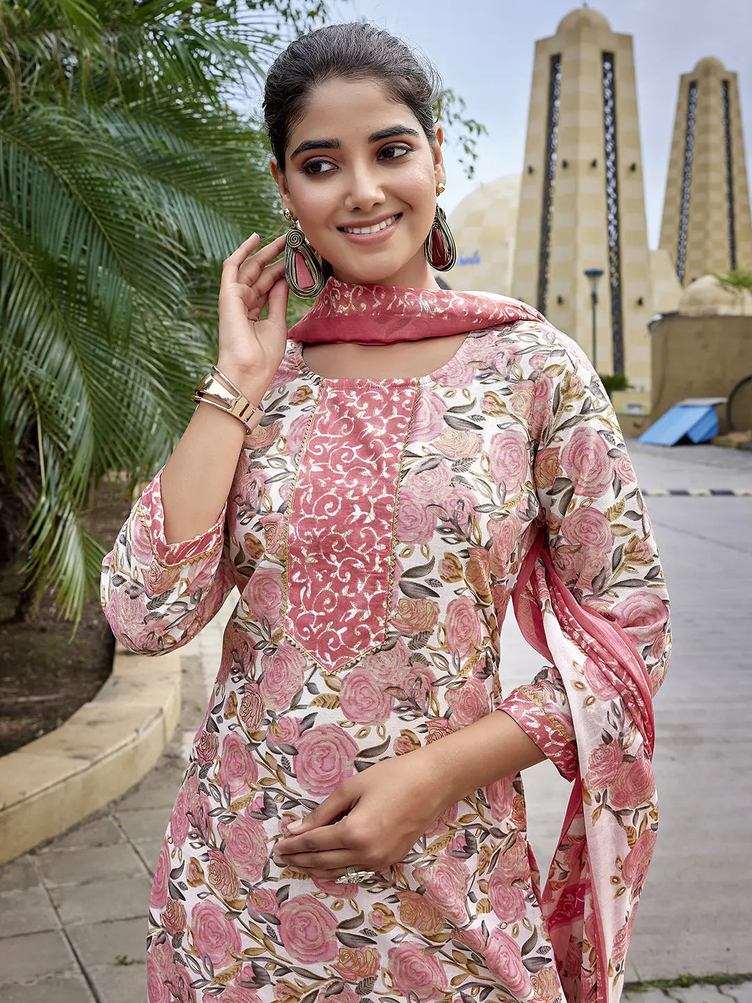 Pink Cotton Blend Printed Salwar Kameez Set with Dupatta for Daily Wear