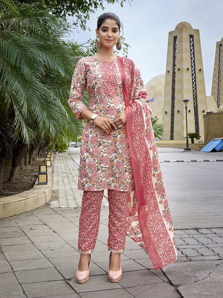 Pink Cotton Blend Printed Salwar Kameez Set with Dupatta for Daily Wear