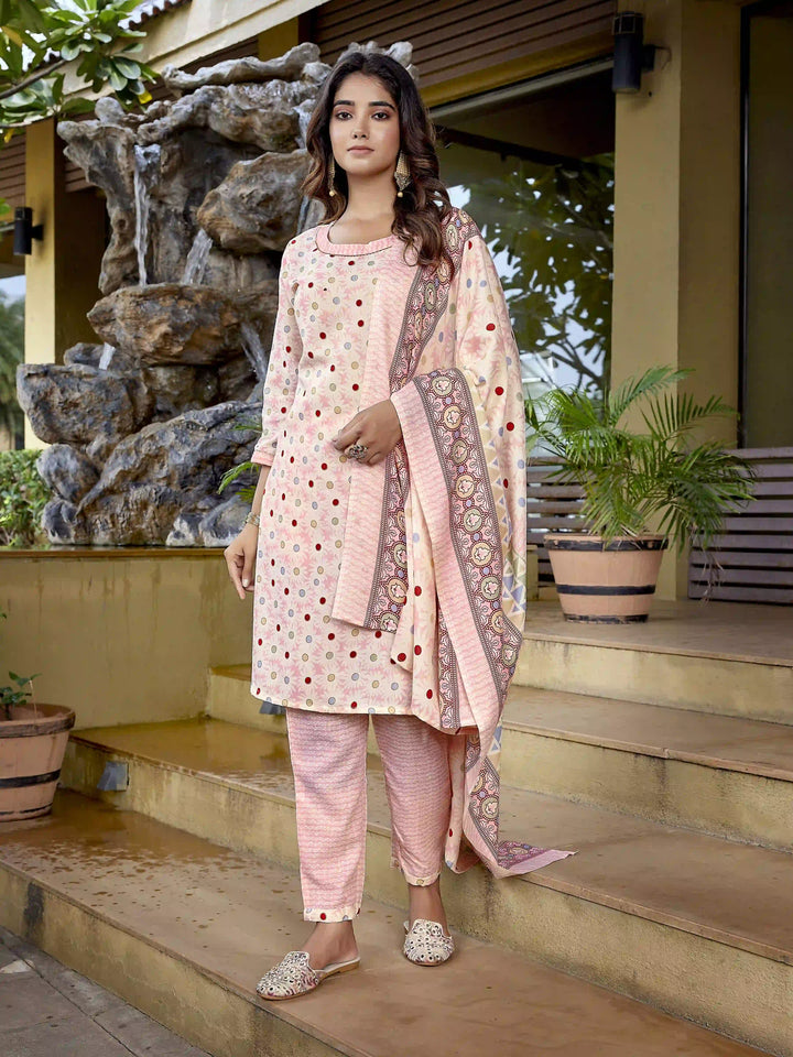 Light Pink Cotton Blend Printed Salwar Kameez Set for Women