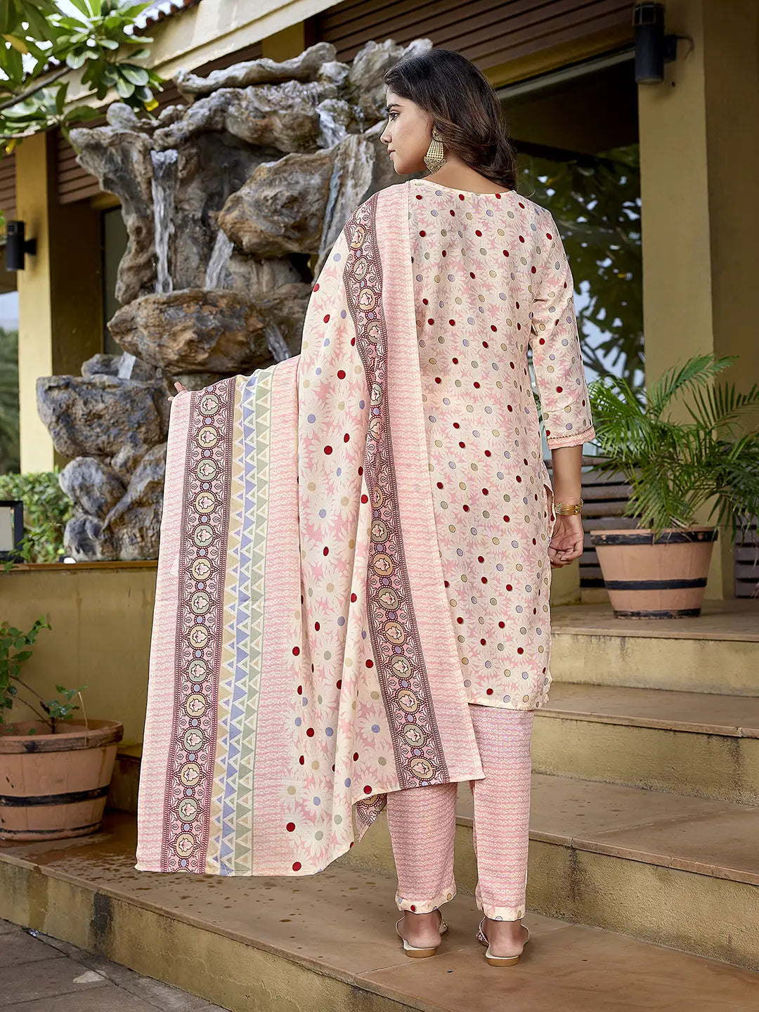 Light Pink Cotton Blend Printed Salwar Kameez Set for Women