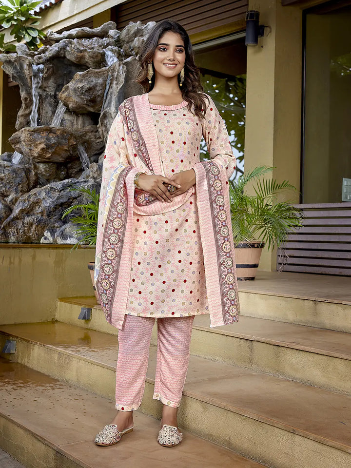 Light Pink Cotton Blend Printed Salwar Kameez Set for Women