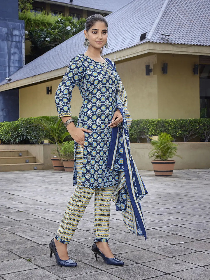 Blue Printed Cotton Blend Salwar Kameez Set for Women