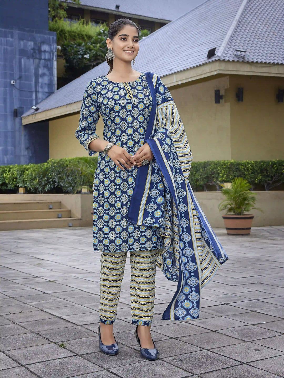 Blue Printed Cotton Blend Salwar Kameez Set for Women