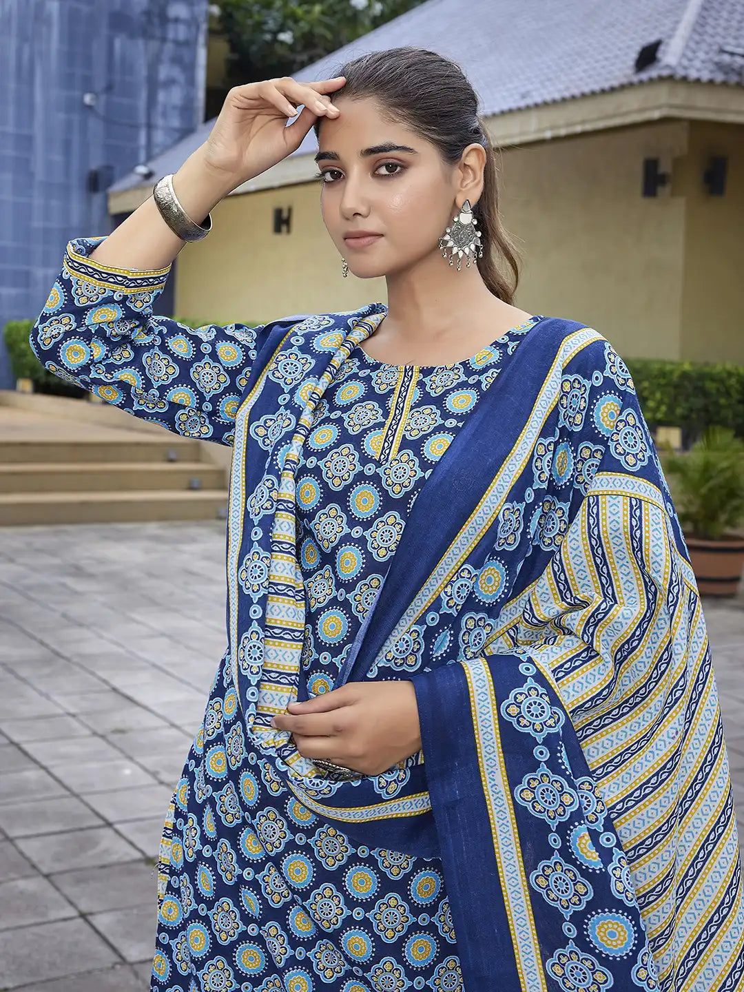 Blue Printed Cotton Blend Salwar Kameez Set for Women