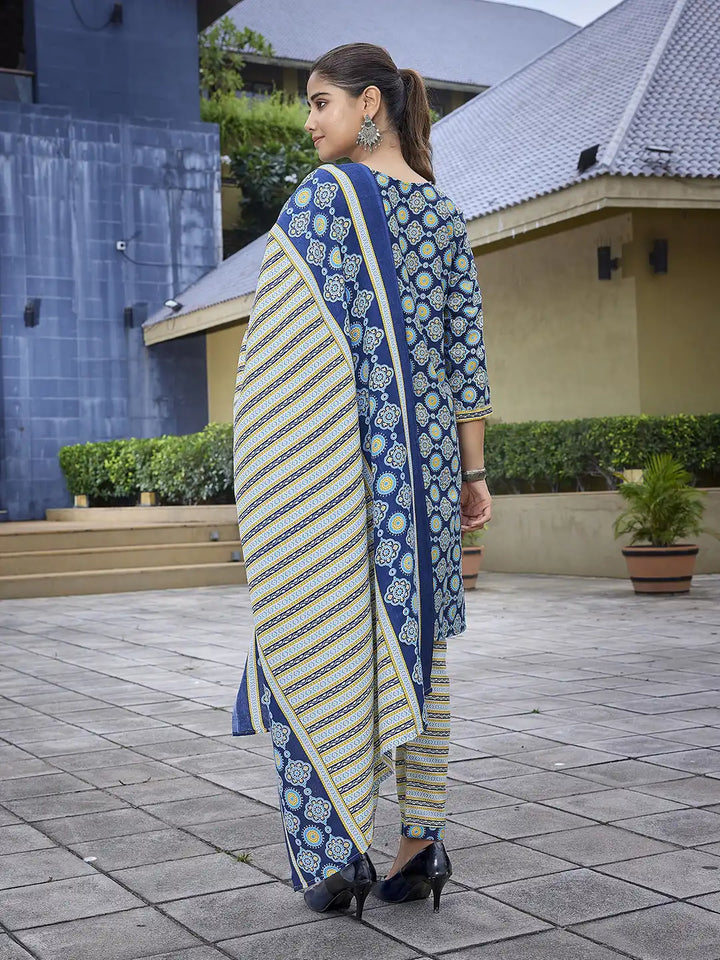 Blue Printed Cotton Blend Salwar Kameez Set for Women