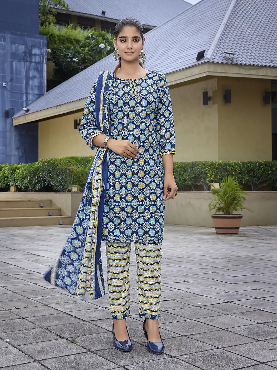 Blue Printed Cotton Blend Salwar Kameez Set for Women