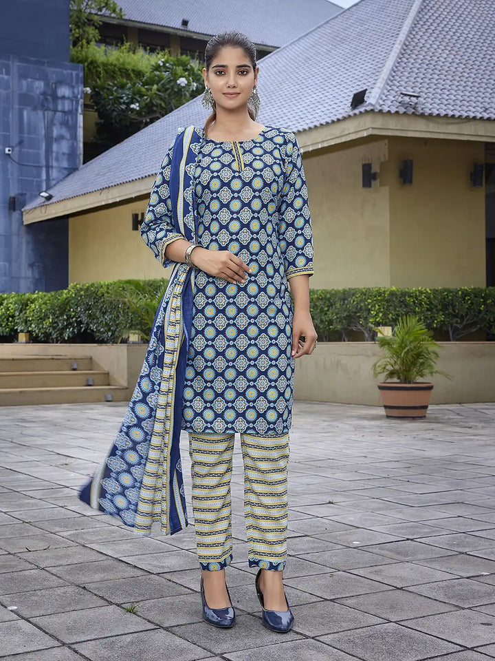 Blue Printed Cotton Blend Salwar Kameez Set for Women