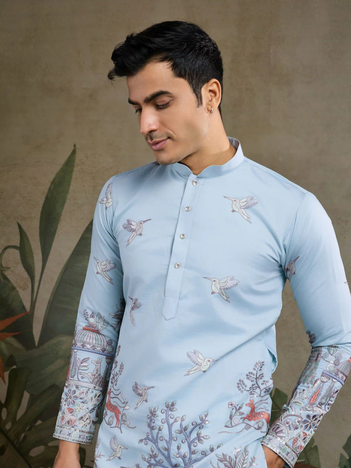 Stylish Party Wear Viscose Silk Kurta for Men with Thread Embroidery