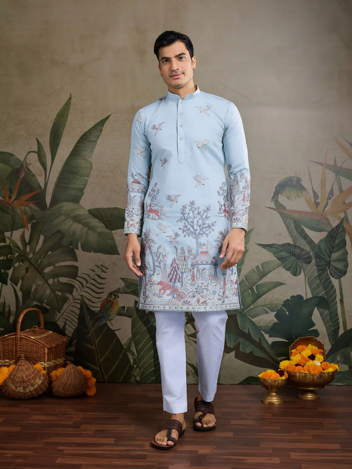 Stylish Party Wear Viscose Silk Kurta for Men with Thread Embroidery