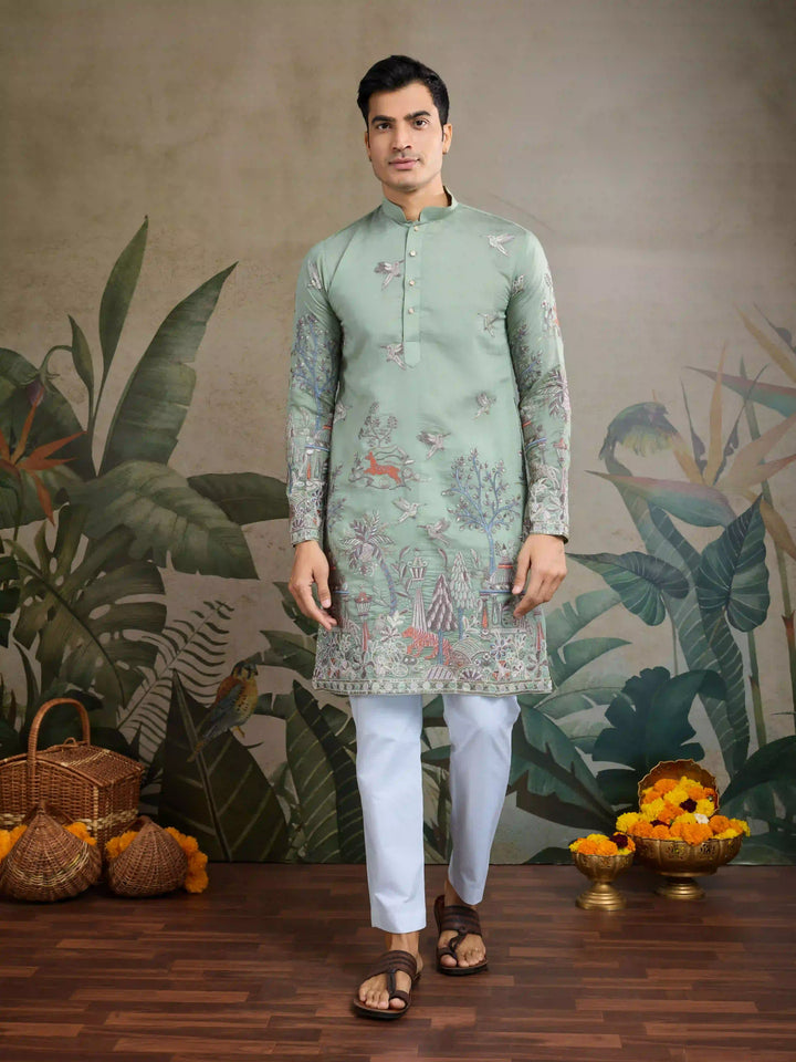 Stylish Party Wear Viscose Silk Kurta for Men with Thread Embroidery