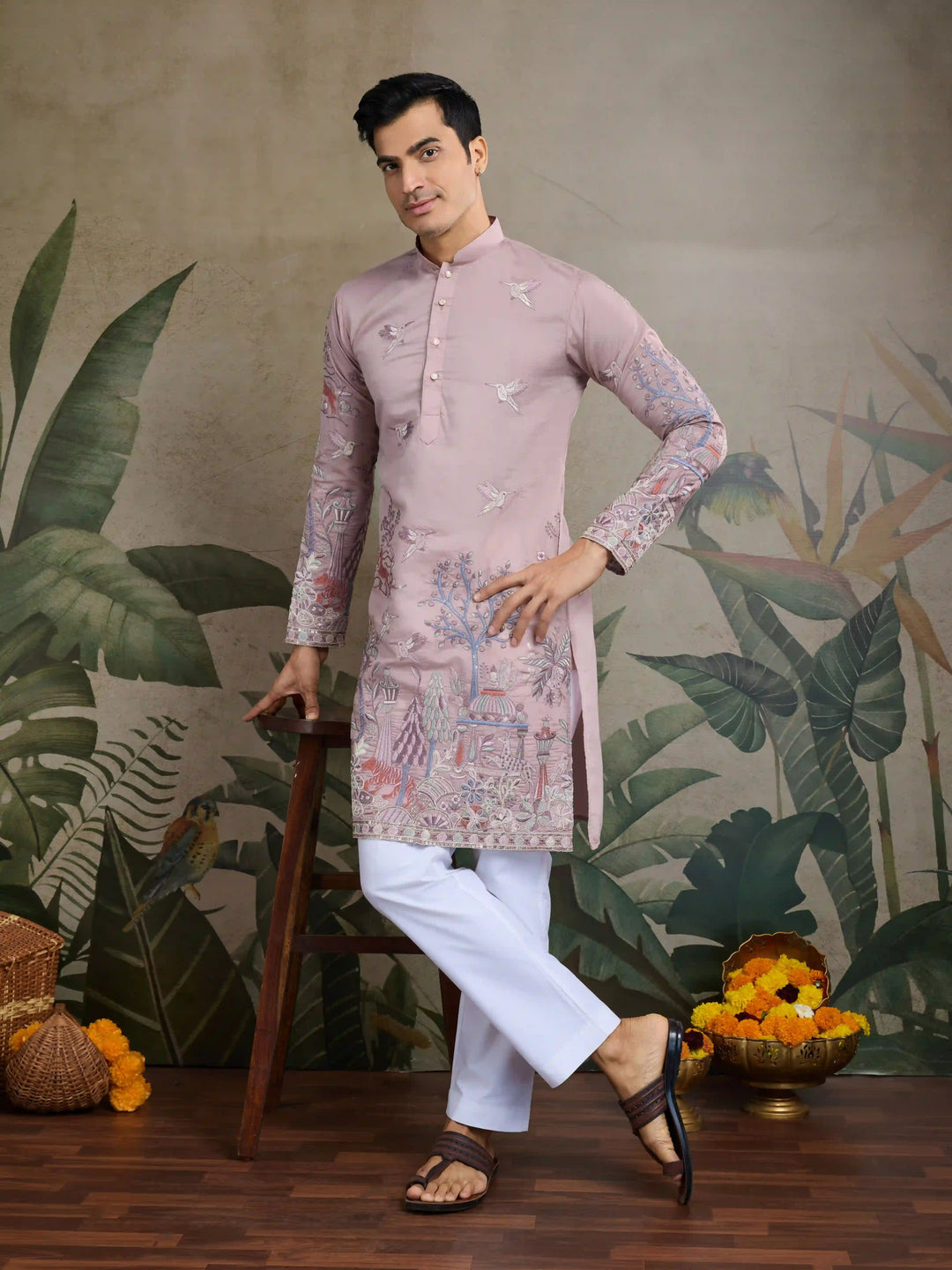 Stylish Party Wear Viscose Silk Kurta for Men with Thread Embroidery