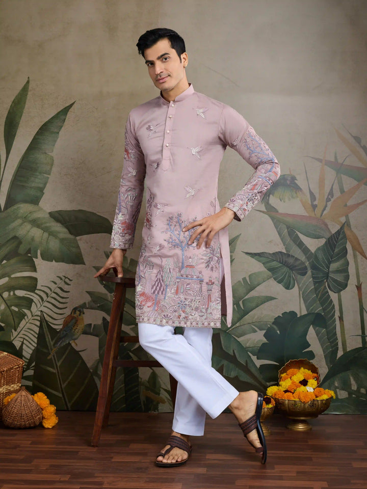Stylish Party Wear Viscose Silk Kurta for Men with Thread Embroidery