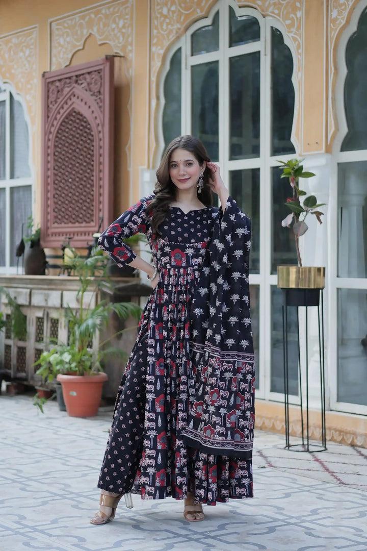Designer Cotton Printed Salwar Kameez Set with Dupatta for Festive Wear