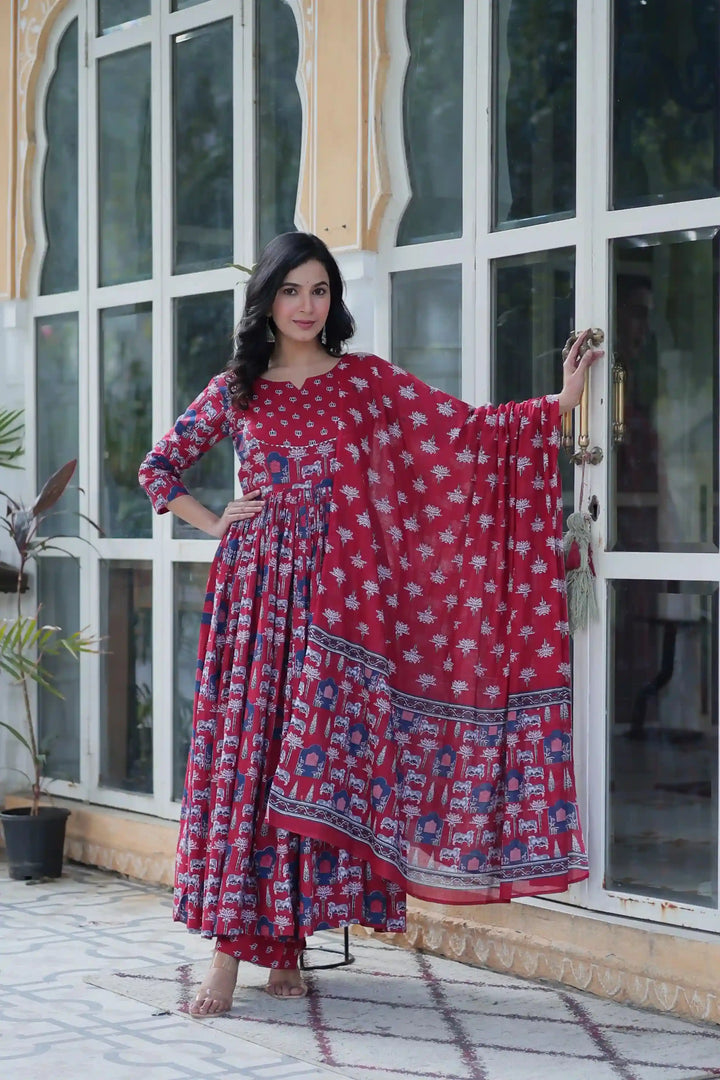 Designer Cotton Printed Salwar Kameez Set with Dupatta for Festive Wear