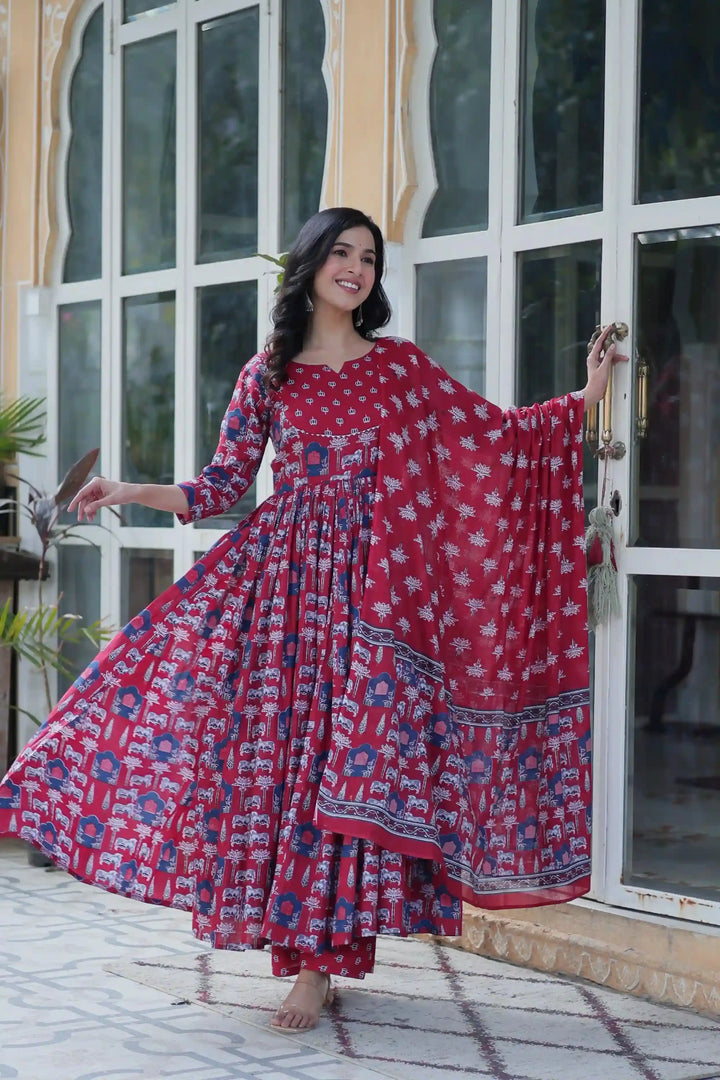 Designer Cotton Printed Salwar Kameez Set with Dupatta for Festive Wear