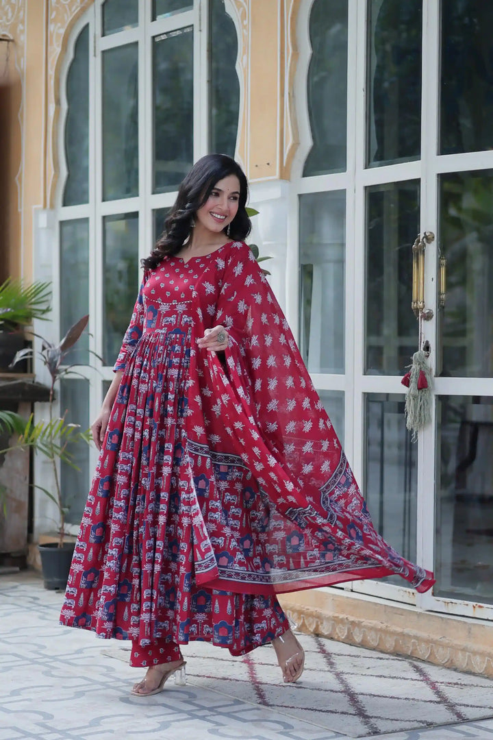 Designer Cotton Printed Salwar Kameez Set with Dupatta for Festive Wear