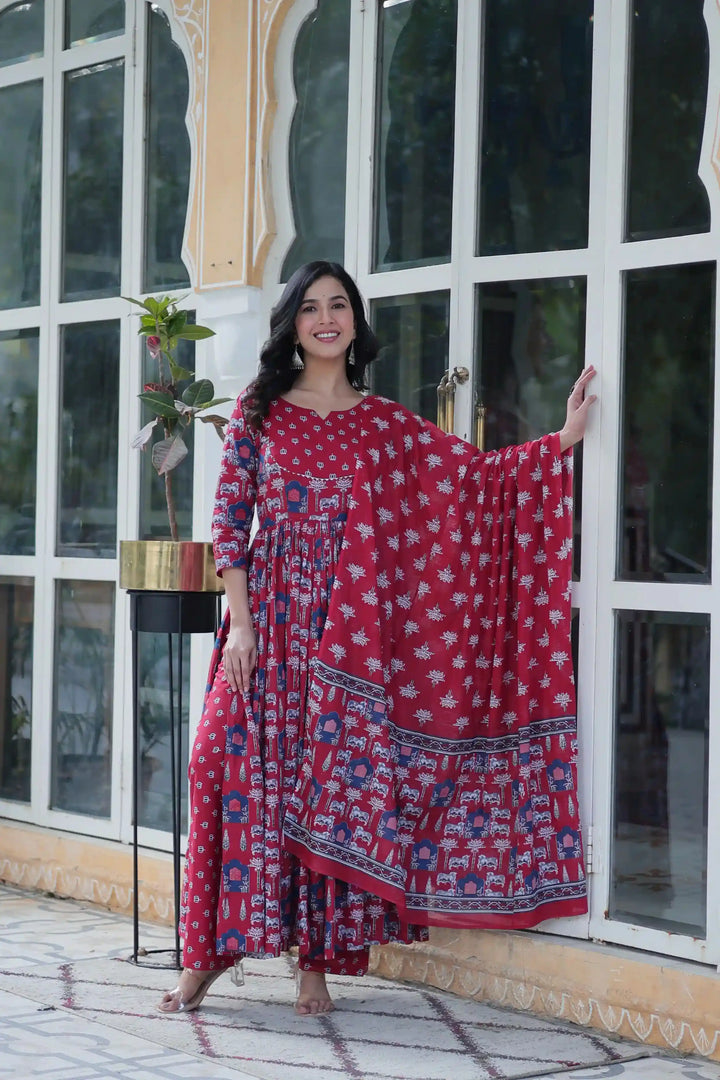Designer Cotton Printed Salwar Kameez Set with Dupatta for Festive Wear