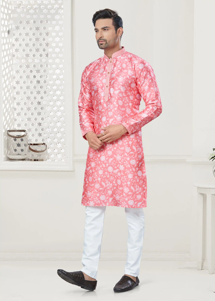 Men's Pink Kurta Pajama Set with Designer Digital Print