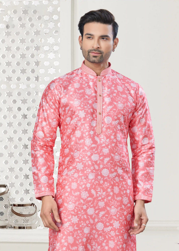 Men's Pink Kurta Pajama Set with Designer Digital Print