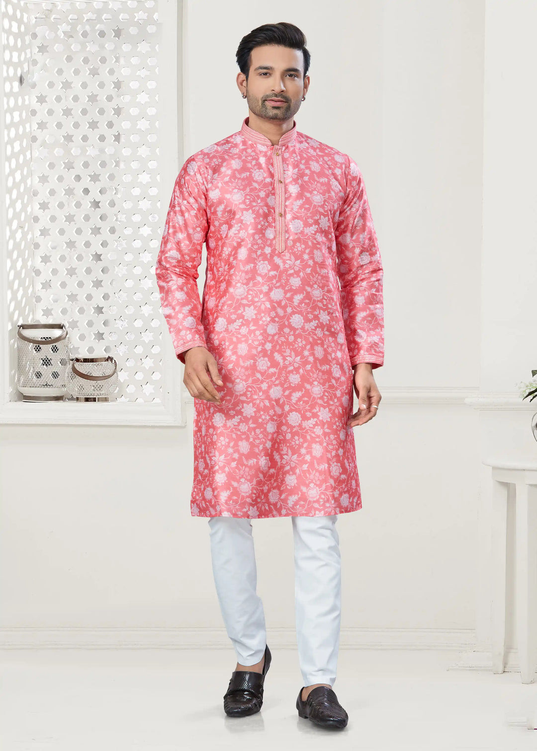 Men's Pink Kurta Pajama Set with Designer Digital Print