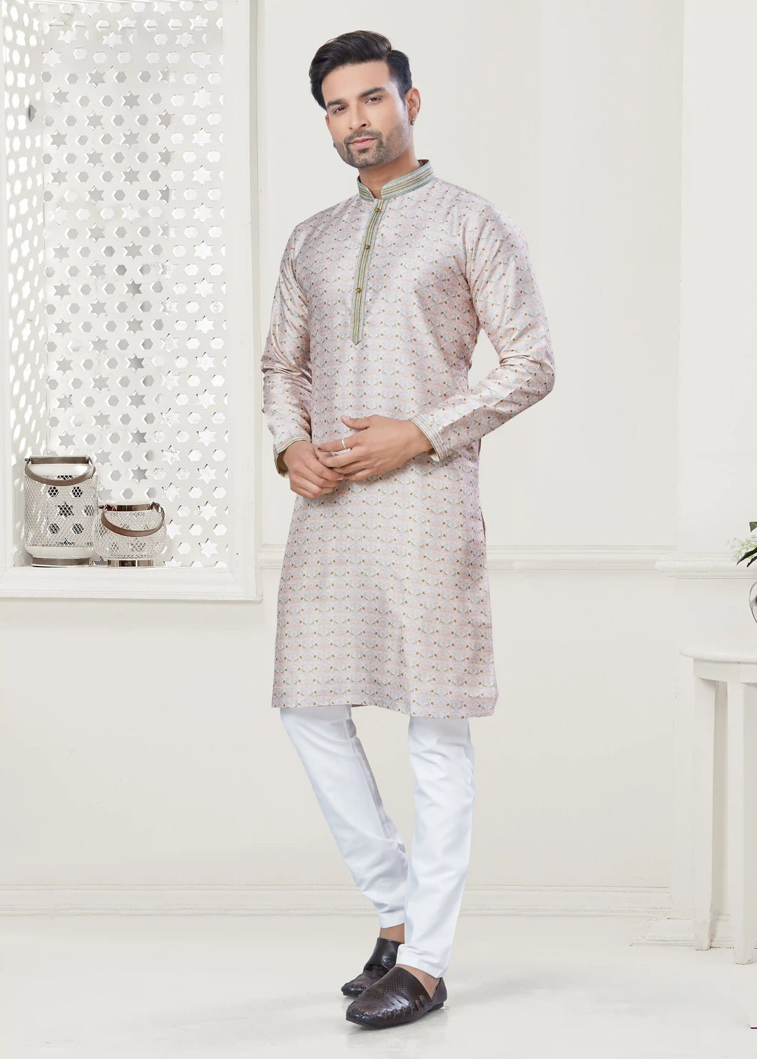 Stylish Cream Silk Designer Kurta Pajama for Men | Wedding & Festive