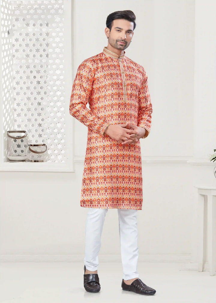 Designer Men's Orange Silk & Cotton Kurta Pajama for Festive Wear Set