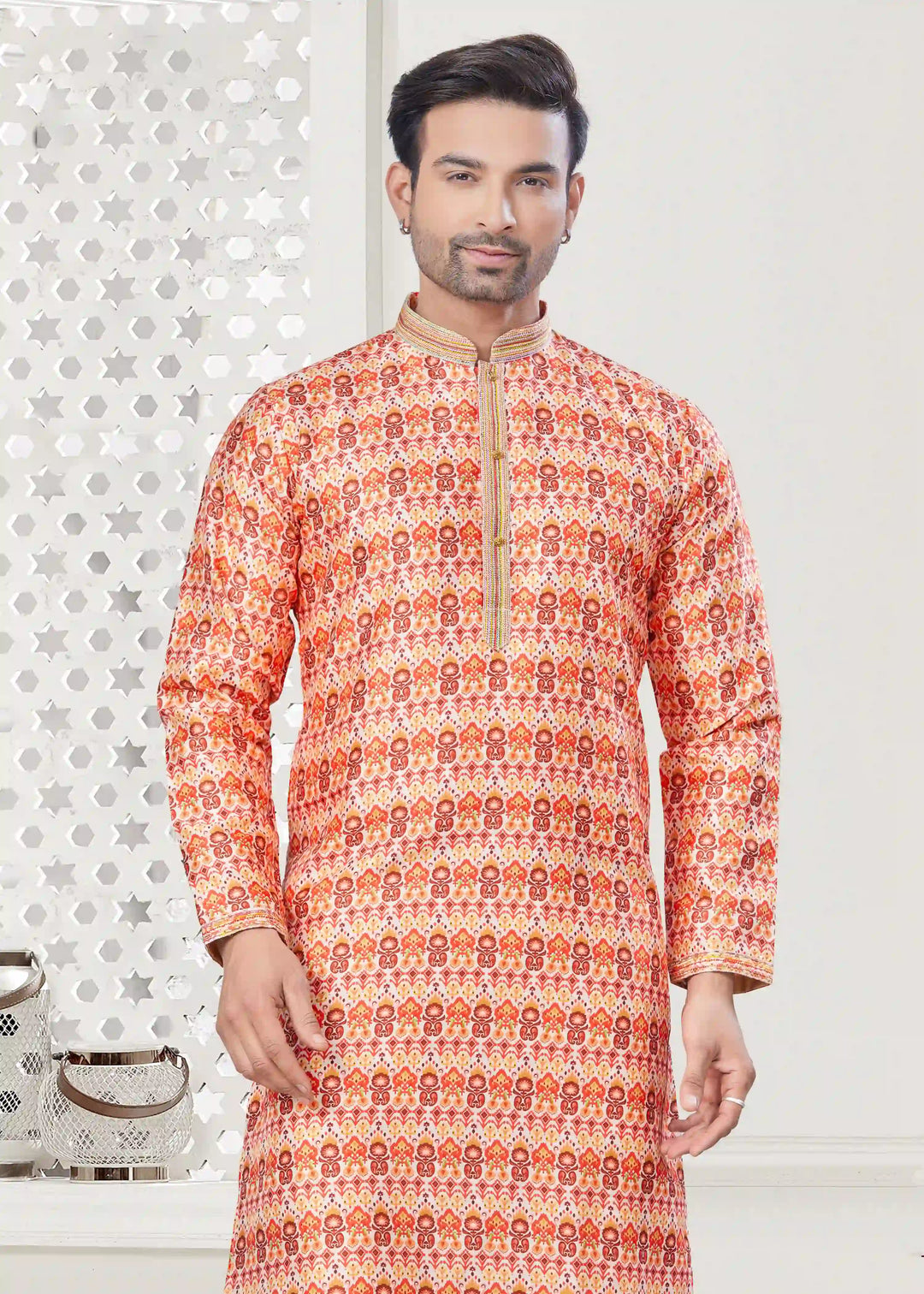 Designer Men's Orange Silk & Cotton Kurta Pajama for Festive Wear Set