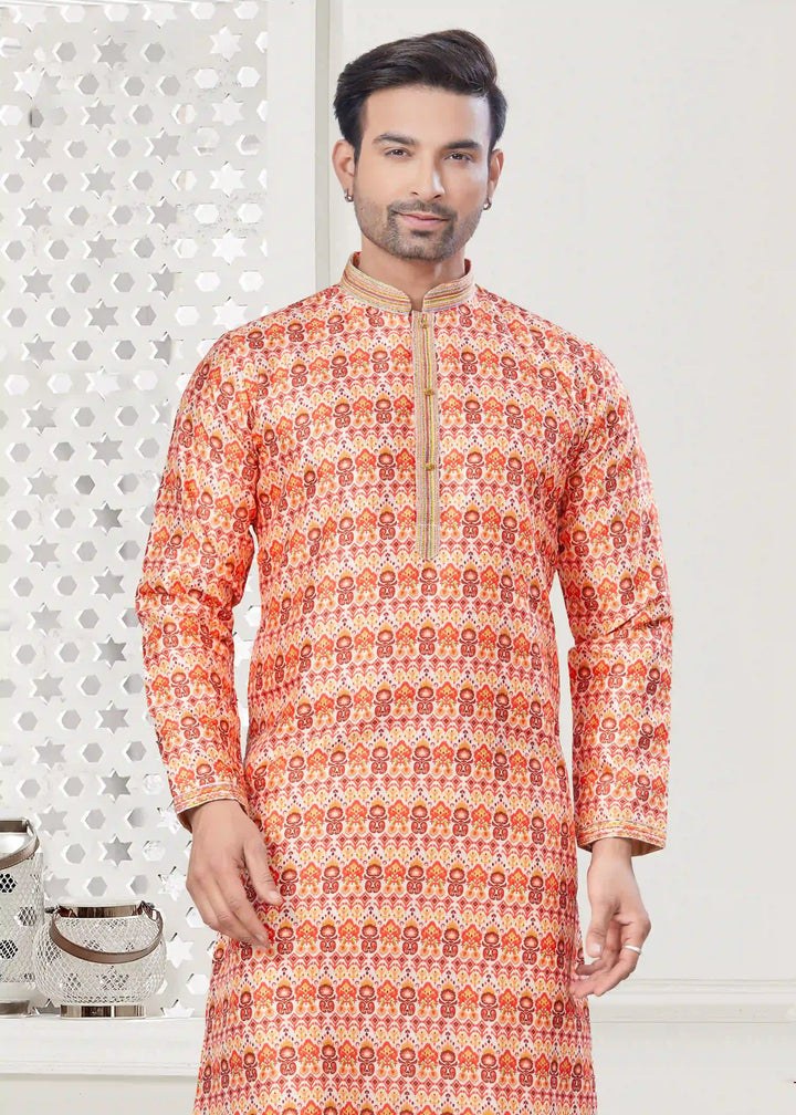 Designer Men's Orange Silk & Cotton Kurta Pajama for Festive Wear Set