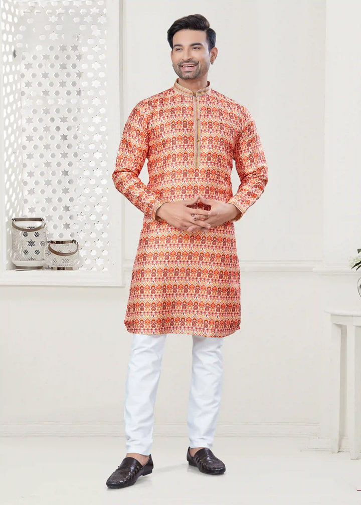 Designer Men's Orange Silk & Cotton Kurta Pajama for Festive Wear Set