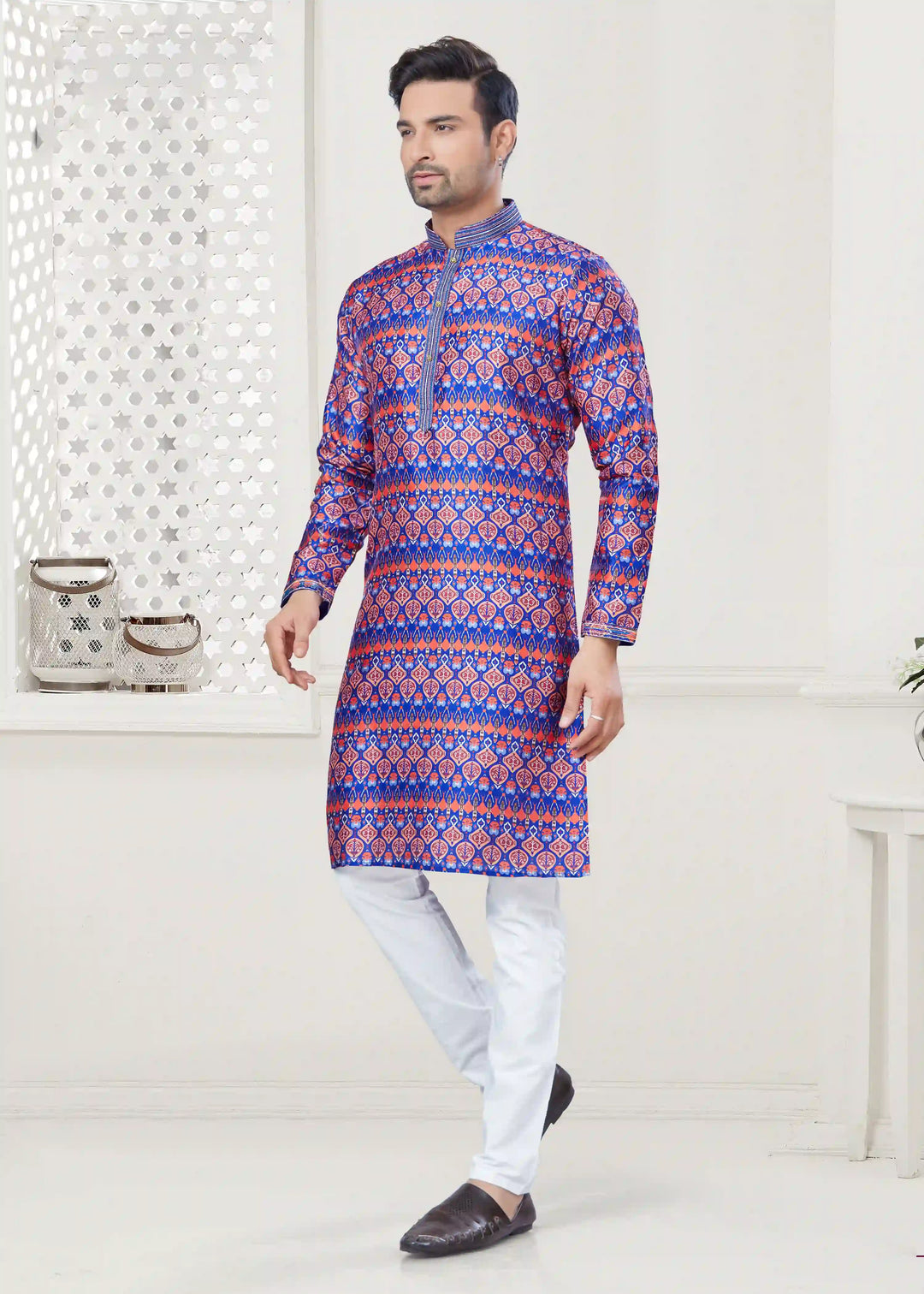 Men's Blue Silk Kurta Pajama Set with Designer Digital Print for Party Wear