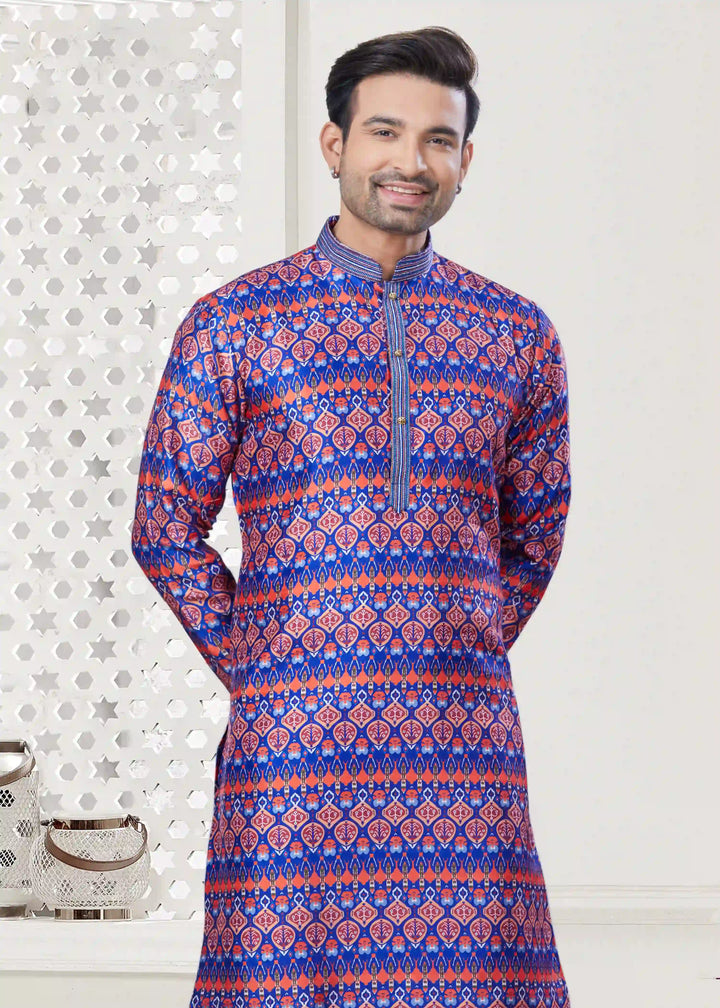 Men's Blue Silk Kurta Pajama Set with Designer Digital Print for Party Wear